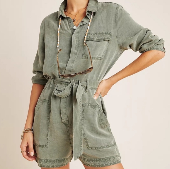 Dear John Pants - Dear John Army Devon Green Denim Belted Long Sleeve Utility Romper Size XS